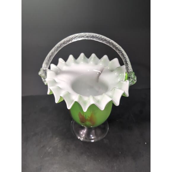 Bohemian Art Glass Footed Green Basket, Ruffled Edge, Hand Blown, Twisted Handle - Picture 5 of 10